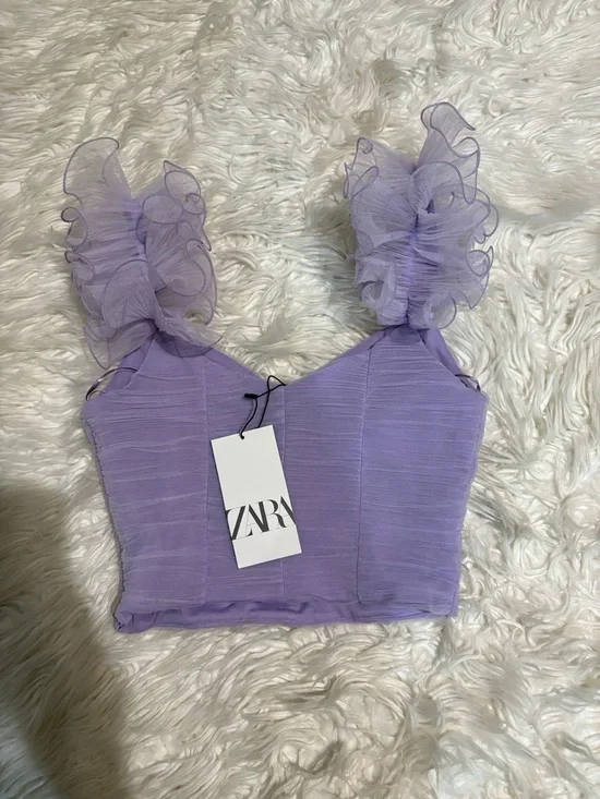 Zara Lilac Tulle Ruffle Strap Ruched Crop Top - Picture 4 of 10